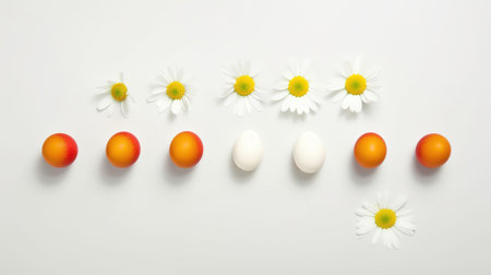 Easter eggs and daisies on a white background, top viewの素材