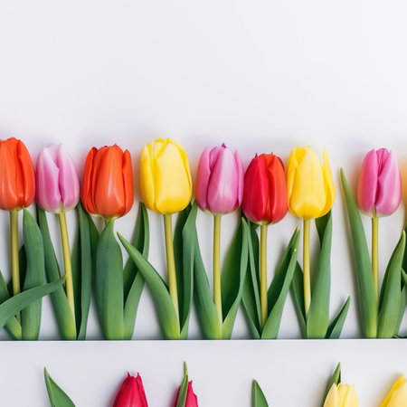 Colorful tulips on white background. Flat lay, top viewの素材