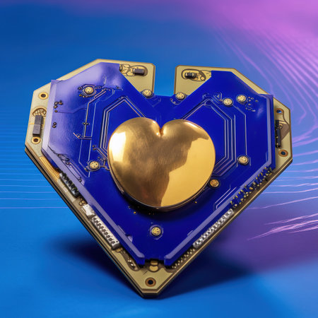 heart on the motherboard with a blue background. 3d illustration.の素材