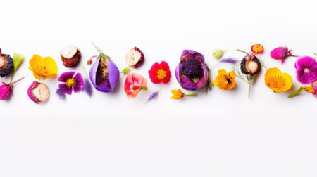 Beautiful flowers on a white background. Flat lay, top view.の素材