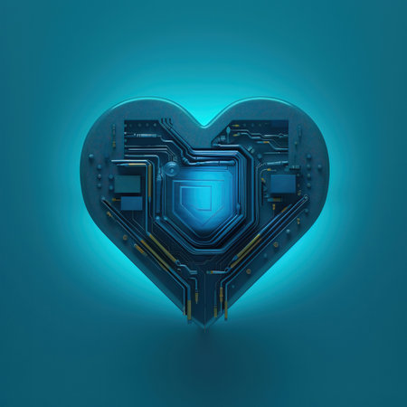 Circuit board in shape of heart on blue background. 3d renderingの素材