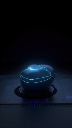 A 3D render of a computer mouse with a blue neon lightの素材