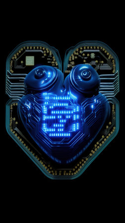 Futuristic chip in the form of a heart on a black backgroundの素材