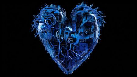 Digital illustration of a heart in blue colour with binary code on black backgroundの素材