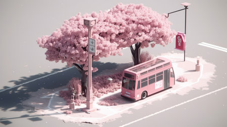 Bus on the road with pink cherry tree. 3D rendering.の素材