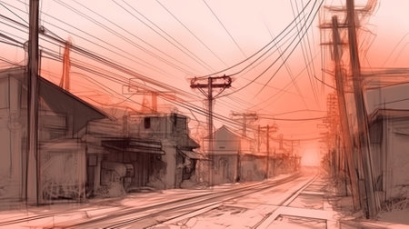 Digital painting of electric lines and high voltage power lines in the city.の素材