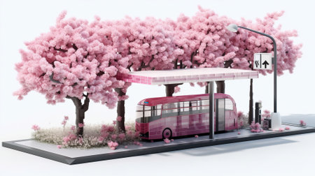 3d rendering of a bus stop with cherry blossom tree on white backgroundの素材