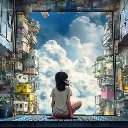 Young woman sitting on the balcony and looking at the big city.の素材