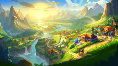 Fantasy Landscape with mountains, river and village - illustration for childrenの素材