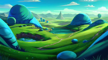 Fantasy landscape with mountains and lake - illustration for children (cartoon)の素材
