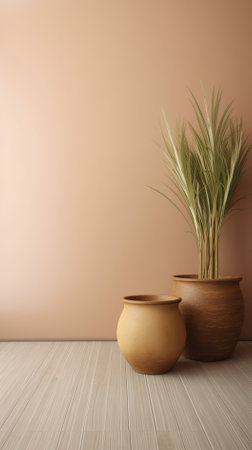 Three ceramic vases on a wooden floor and beige wall backgroundの素材
