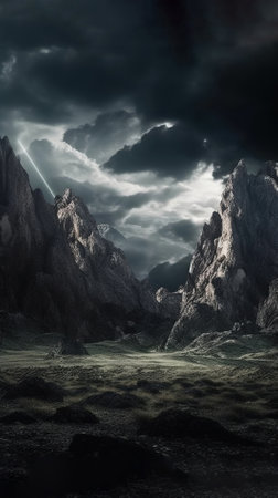 Fantasy alien planet. Mountain and cloudy sky. 3D illustrationの素材