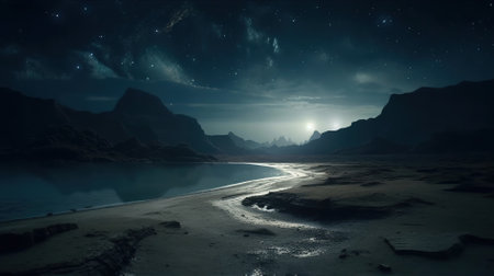 Fantasy alien planet. Mountain and lake. 3D illustration.の素材