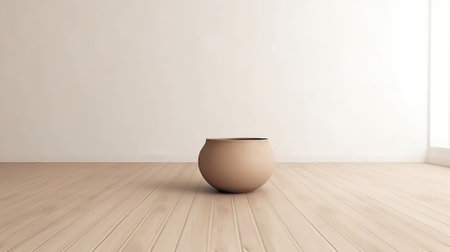 3d rendering of brown vase on wooden floor in empty roomの素材