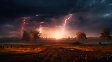 Foggy landscape with lightning in the sky. 3d renderingの素材