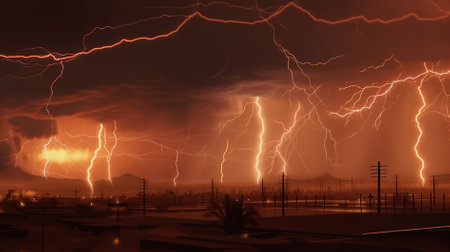 Lightning strikes the city in a thunderstorm. 3D renderingの素材