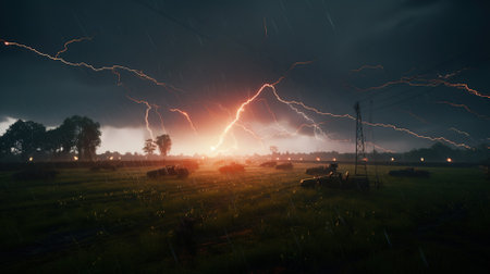 Lightning strike in the field at night. 3d rendering.の素材