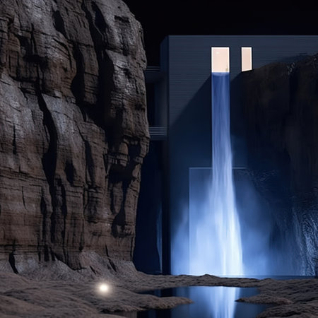 3D illustration of a waterfall in the desert at night with a moonの素材