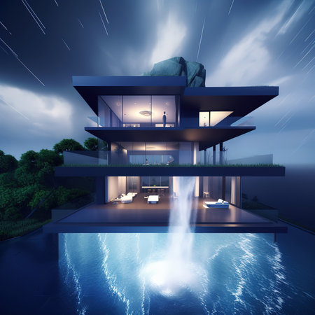 3d rendering of modern cozy house with pool and parking for sale or rent in luxurious style and beautiful landscaping on background. Clear summer night with stars on the sky.の素材