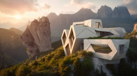 3d render of a modern building in the mountains at sunset.の素材