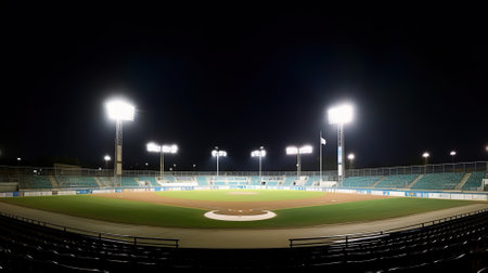 Baseball field at night with lights in the background, wide angle viewの素材