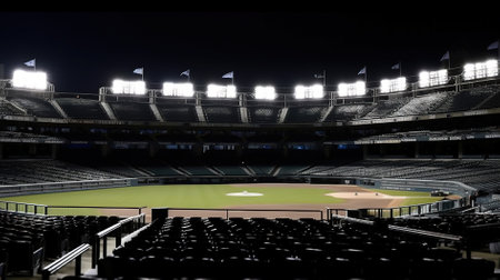 3D render of a baseball stadium at night with lights and seatsの素材