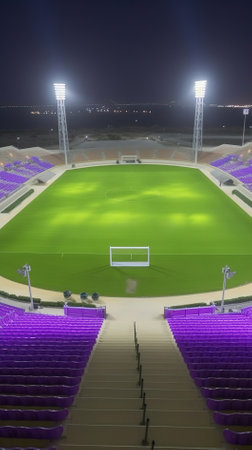 Football stadium at night with floodlights and seats. Illuminated stadiumの素材