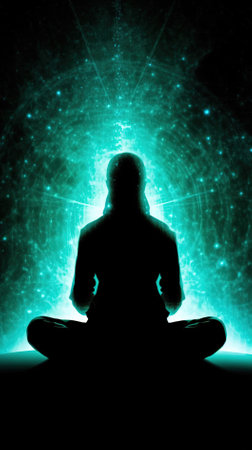 Silhouette of a woman meditating in front of a psychedelic backgroundの素材