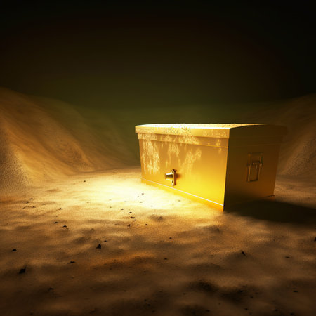 Gold treasure chest in sand with light coming out of it, 3d renderの素材