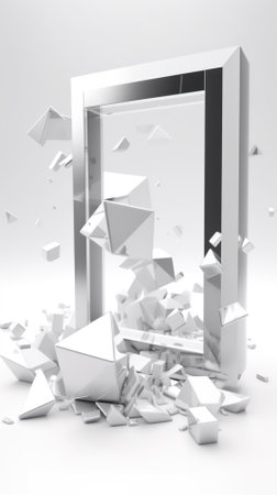 3d rendering of a broken glass cube in white background with reflectionの素材