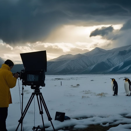Photographer taking photos of penguins in Antarctica with camera and tripodの素材
