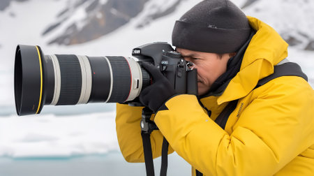 Photographer with professional camera on the background of snow-capped mountainsの素材