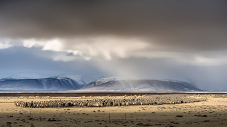 Sheep in the desert of Iceland with snow capped mountains in the backgroundの素材