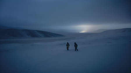 Couple walking in the snow in the mountains at night. Long exposureの素材