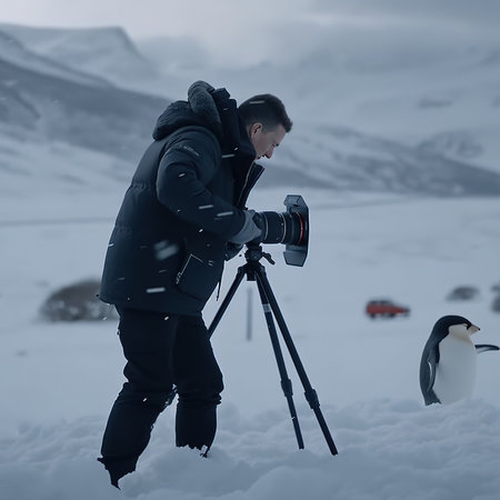 Photographer with camera taking pictures of penguins on the snow.の素材