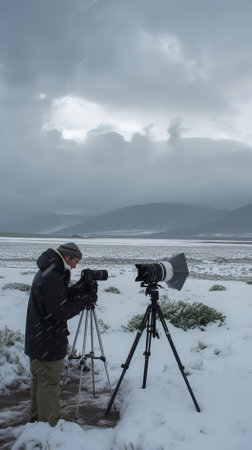 Photographer with camera on tripod taking photos of snowy landscape in winterの素材