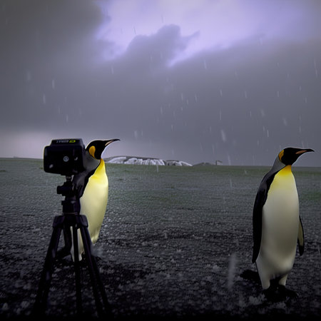 Two penguins taking photos with a camera on a tripod in the rainの素材