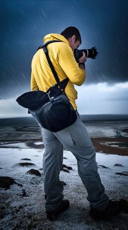 Photographer with camera on the top of a mountain in the rainの素材