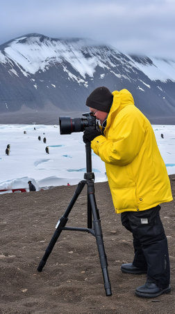 Photographer on a tripod at the ice floe in Antarctica.の素材