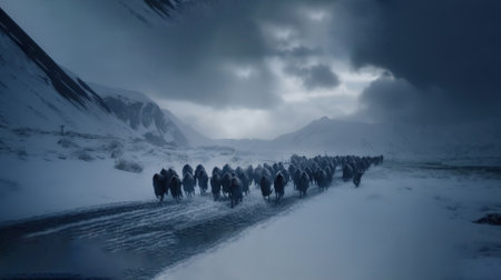A group of people walking on a snow covered road in the mountainsの素材