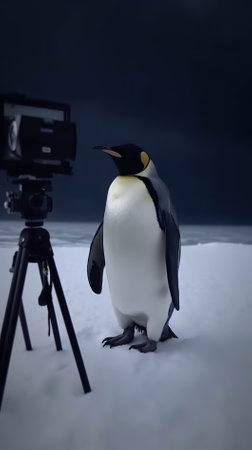 Chinstrap penguin taking a photo on a tripod in the snowの素材
