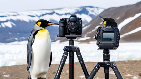 Penguin on a tripod with a camera and a video cameraの素材