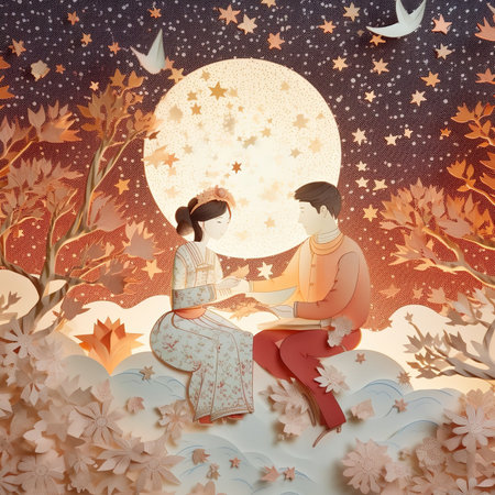 Illustration of a couple reading a book on the background of the full moonの素材