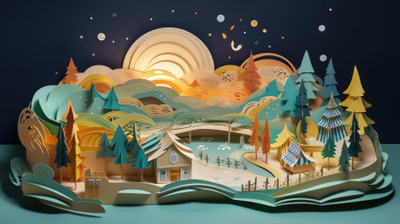 Fantasy landscape in paper cut style. 3d rendering illustration.の素材