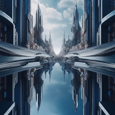 Futuristic city with high skyscrapers and reflections in waterの素材