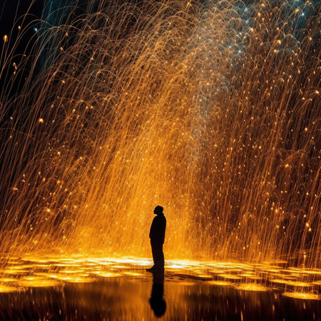 Silhouette of a man standing in a water fountain at nightの素材