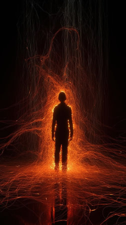 3D Illustration of a human body surrounded by electrical sparks on a black backgroundの素材