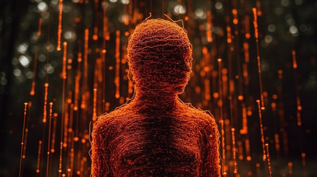 3d illustration of a female figure in a dark forest with lightsの素材