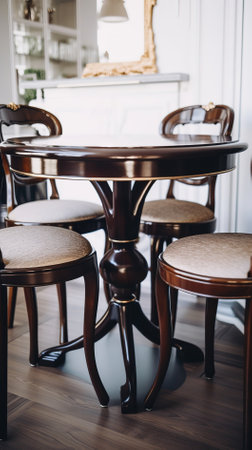 Table and chairs in a cafe. Luxury interior design. Vintage furniture.の素材