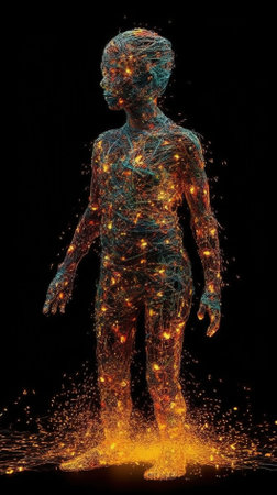 3d rendering of a human body with glowing particles on black backgroundの素材